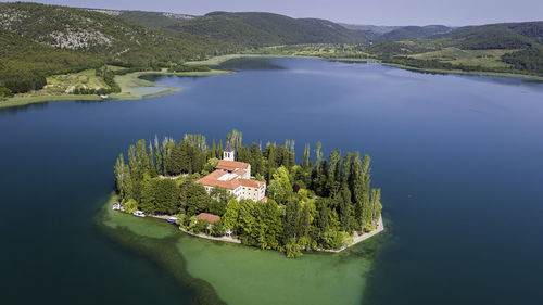 Aerial view of the visovac island with monastery on krka river