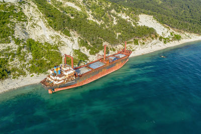 Kabardinka, russia. dry cargo ship rio on the shore left after a shipwreck.