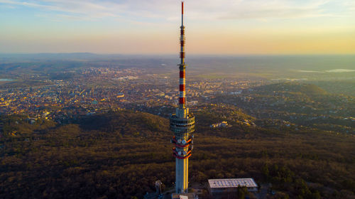 High angle view of buildings against sky during sunset