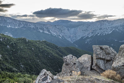 Scenic view of snowcapped mountains against sky