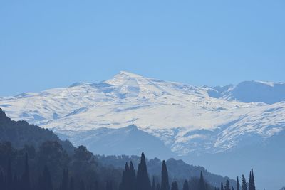 Scenic view of snow covered mountains against cloudy sky