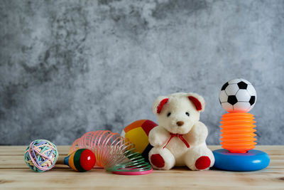 Close-up of toys against black background