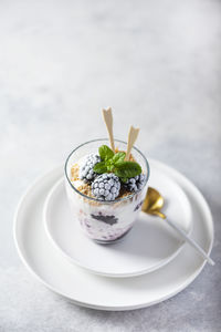 Close-up of dessert in glass on table