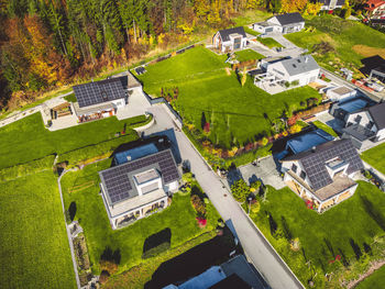 High angle view of buildings in town