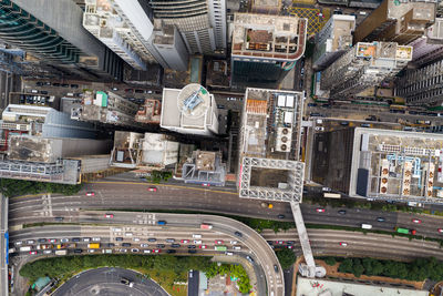 High angle view of street and buildings in city