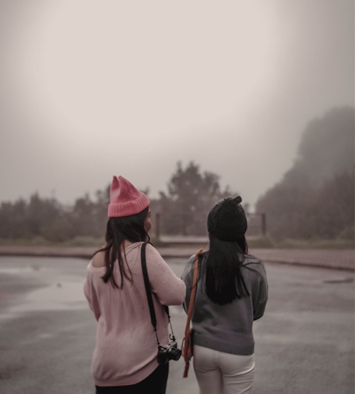 REAR VIEW OF WOMEN STANDING ON LANDSCAPE AGAINST SKY