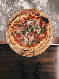 High angle view of pizza on table