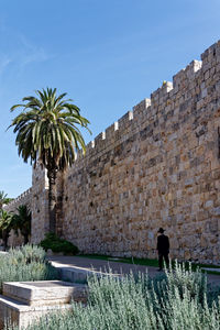 Rear view of man walking by stone wall against sky