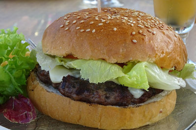 Close-up of burger on table