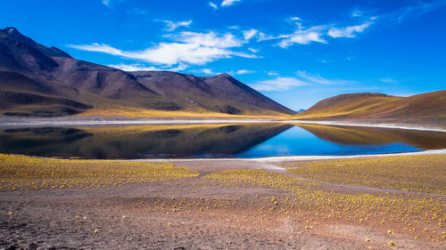 Idyllic view of mountains and calm lake against blue sky