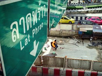 High angle view of man working at construction site