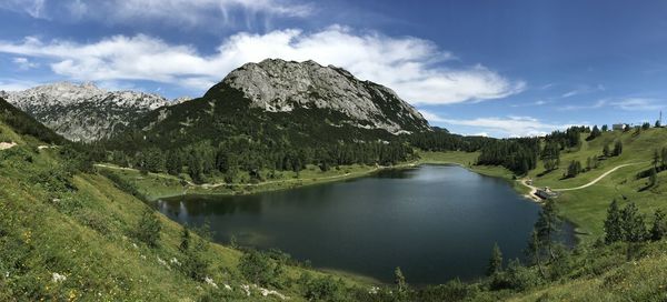 Scenic view of lake by mountains against sky