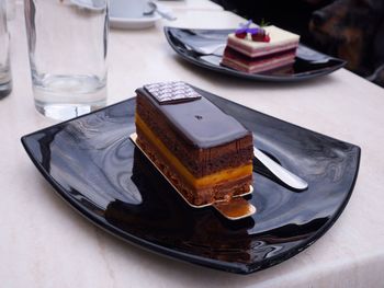 High angle view of dessert served on table