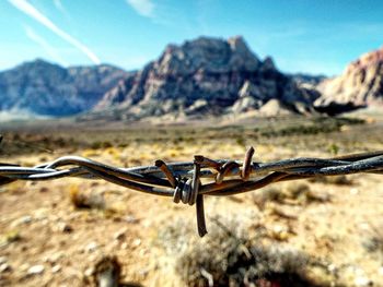 Close-up of barbed wire in front of mountain against sky
