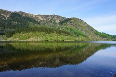 Scenic view of lake and mountains against sky