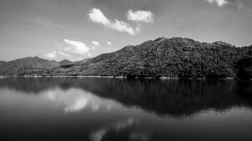 Scenic view of lake with mountains in background