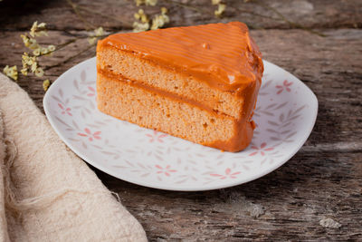 High angle view of cake in plate on table