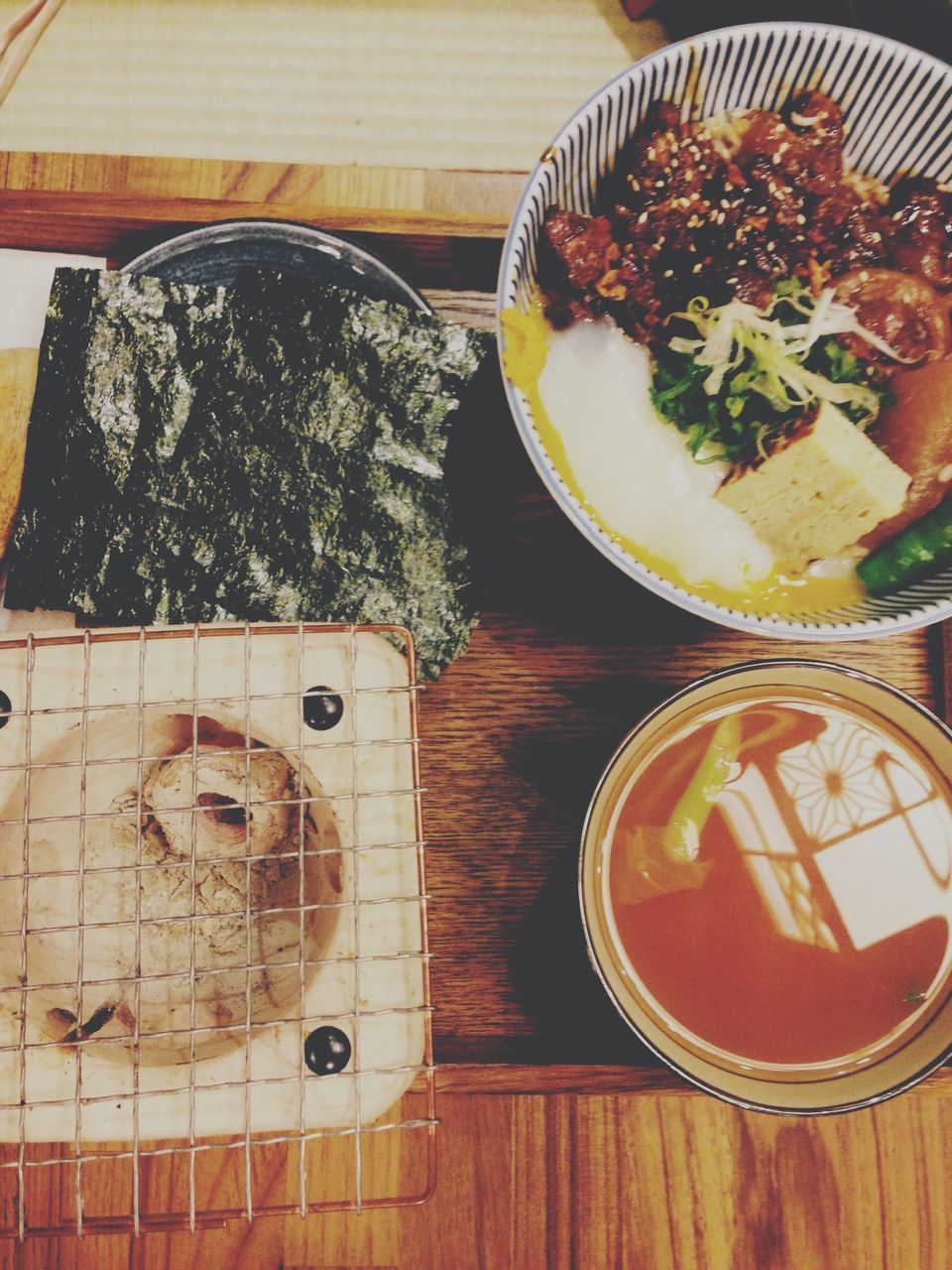 table, food and drink, food, high angle view, freshness, indoors, still life, plate, bowl, directly above, no people, ready-to-eat, healthy eating, wood - material, close-up, day, spoon, serving size, potted plant, tree