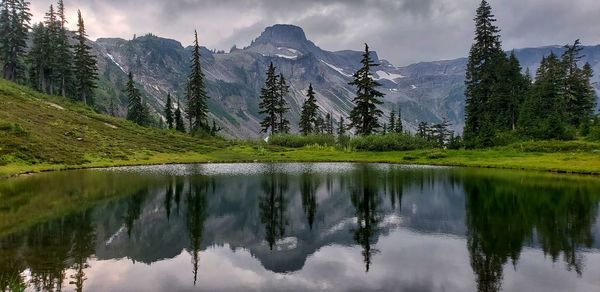 Scenic view of lake and mountains against sky