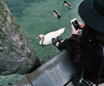 High angle view of woman standing in water