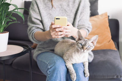 Midsection of man using mobile phone