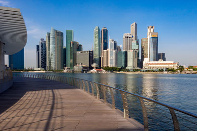 City at waterfront against blue sky