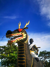 Low angle view of buddhist statue against blue sky