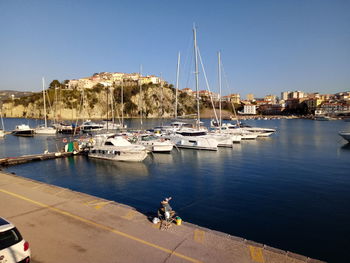 Sailboats moored in harbor