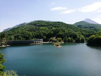 Scenic view of river by tree mountains against sky