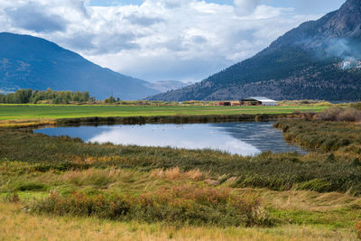 Scenic view of lake and mountains against sky