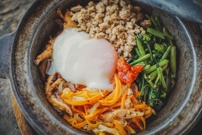 High angle view of food in bowl on table