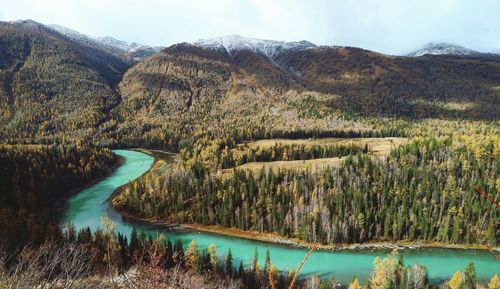 Scenic view of lake by mountains against sky