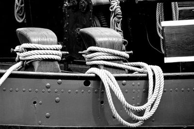 Close-up of rope tied on boat cleats