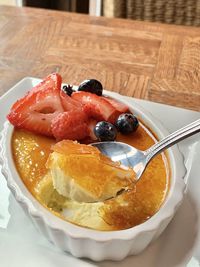 Close-up of dessert served on table