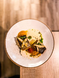 High angle view of food in plate on table