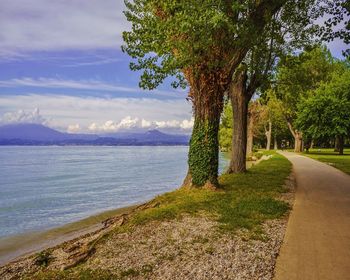 Scenic view of road by sea against sky