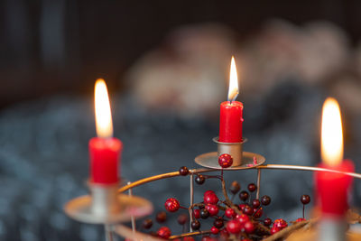 Close-up of lit candles in building