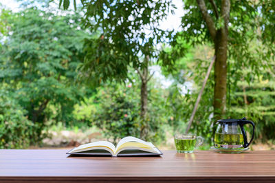 Open book on table against trees in forest