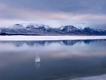 Scenic view of snow covered mountains and lake