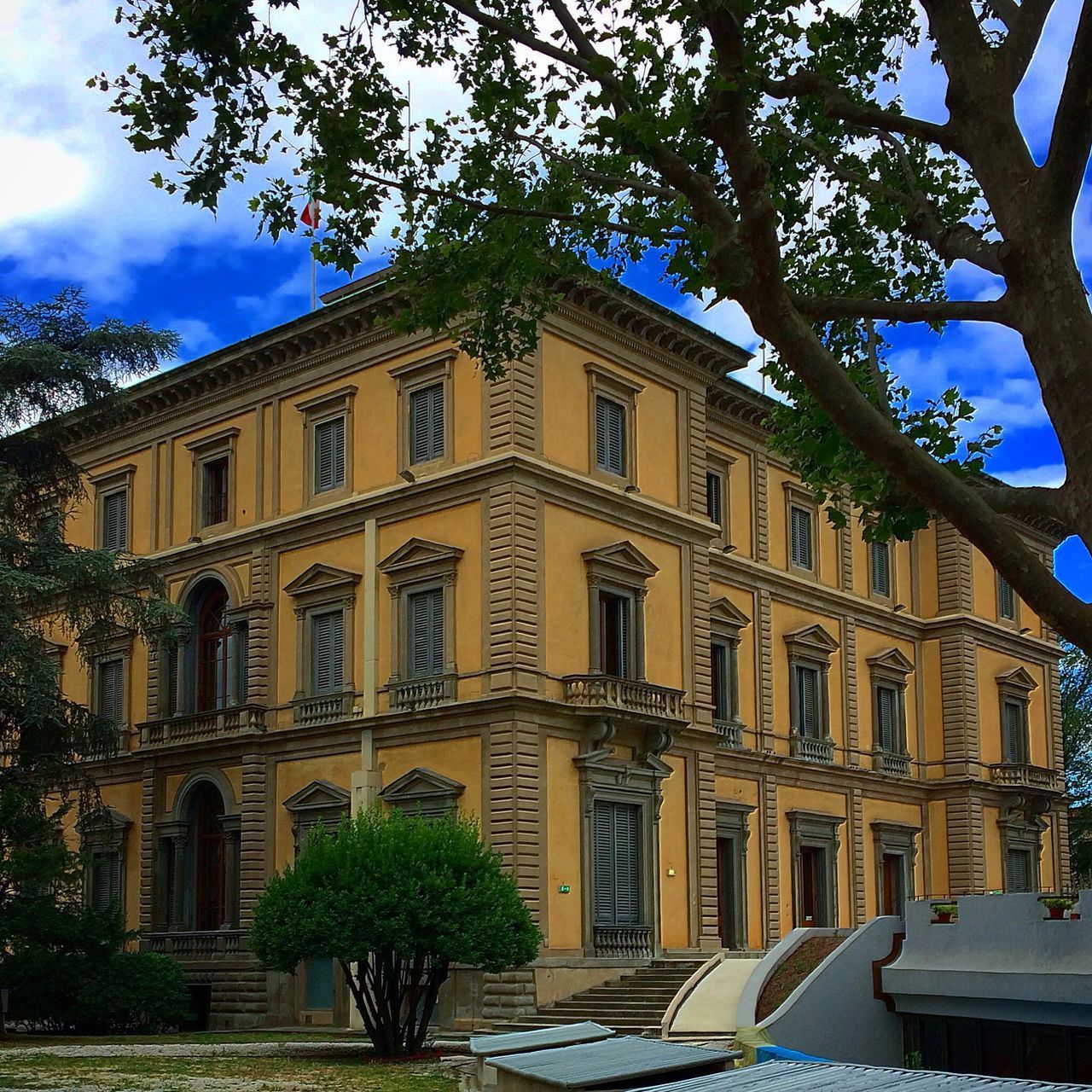 building exterior, architecture, built structure, tree, low angle view, sky, window, facade, building, day, city, outdoors, arch, branch, residential building, no people, cloud, history, cloud - sky, residential structure