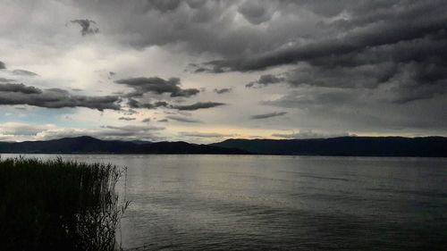 Scenic view of lake against cloudy sky