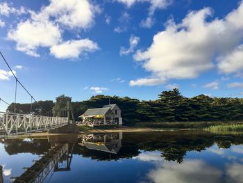 Reflection of building on lake against sky