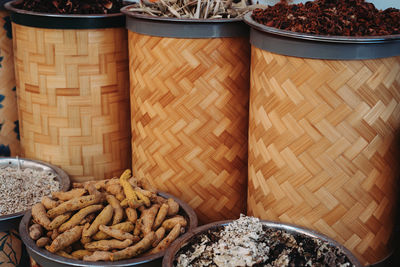 High angle view of wicker basket on table