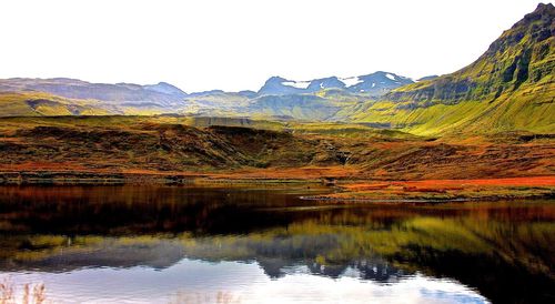 Scenic view of lake with mountains in background