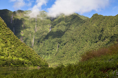 The grand etang and the bras d'annette waterfalls in reunion island.
