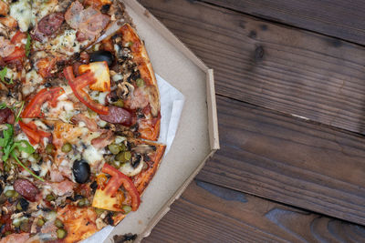 High angle view of pizza on table