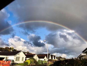 Rainbow over cityscape against sky