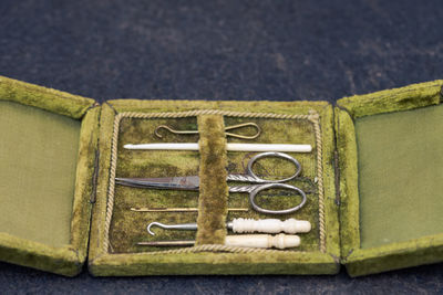 High angle view of work tools on table