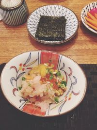 High angle view of food in plate on table