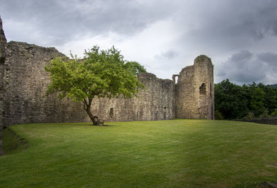 View of the ruins of the curtain wall and the four storey tower at abergavenny castle , wales, uk